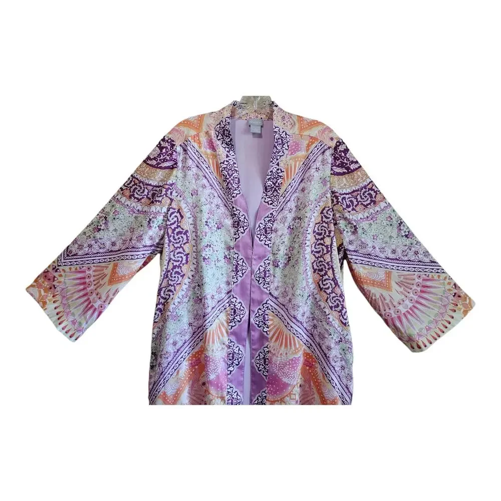 CHICO'S Women's 12 14 Coastal Tile Duster Jacket Satin Open Long 3/4 Sleeve